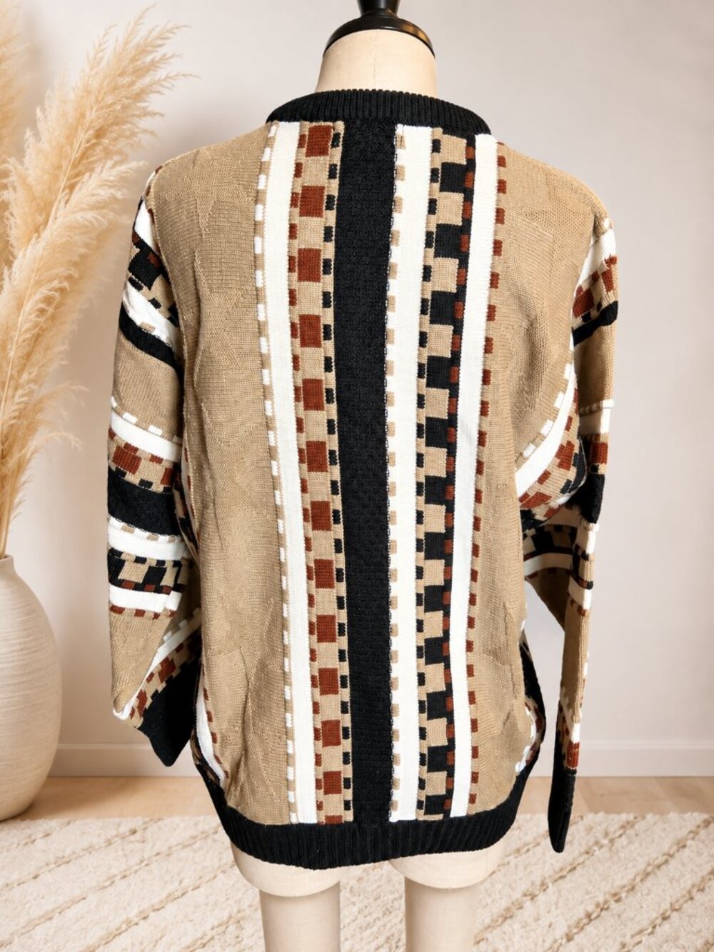 Bachrach Men’s XL Geometric Knit Sweater | Beige Black Brown Wool Blend - Picture 3 of 9